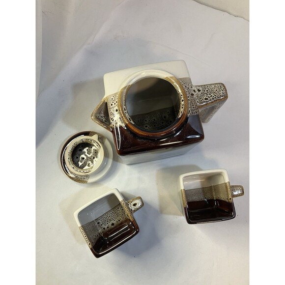 Tri Color Pier 1 Imports Stoneware Teapot/2 Cups Brown Tea Coffee Set - Picture 2 of 7